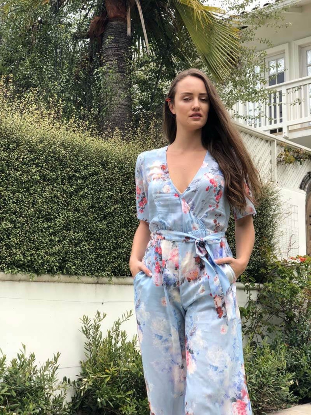 NUDZ “Alicia” Short Sleeve Light Blue Floral Soft Italian Fabric  Jumpsuit M/L